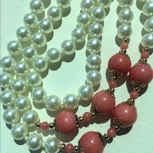 Vintage Pearl Necklace with Coral Beads
